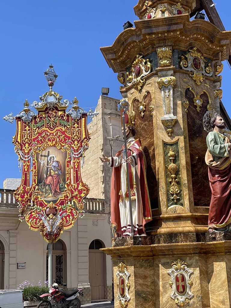 Religious icons outside Gozo's cathedral of San Lorenzo, Malta